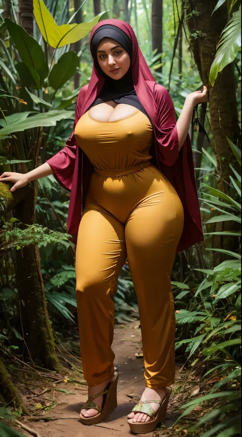 Arabic Woman in jungle, muslim, hijab, curvy body , wearing jumpsuit pajamas, beautiful woman, very detail ,pawg, long legs ,thick high, full body in camera, pawg, wearing strap wedges