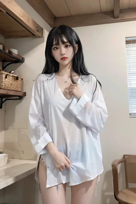 Masterpiece、highest quality、Woman 1、Super detailed、A woman looking up from directly below　Black Hair、Long Hair、Blunt bangs wet hair　Wet shirt、over size white shirt、Long shirt　shirt lift、Lift the shirt yourself、Shirt over swimsuit　Soft thighs　ceiling