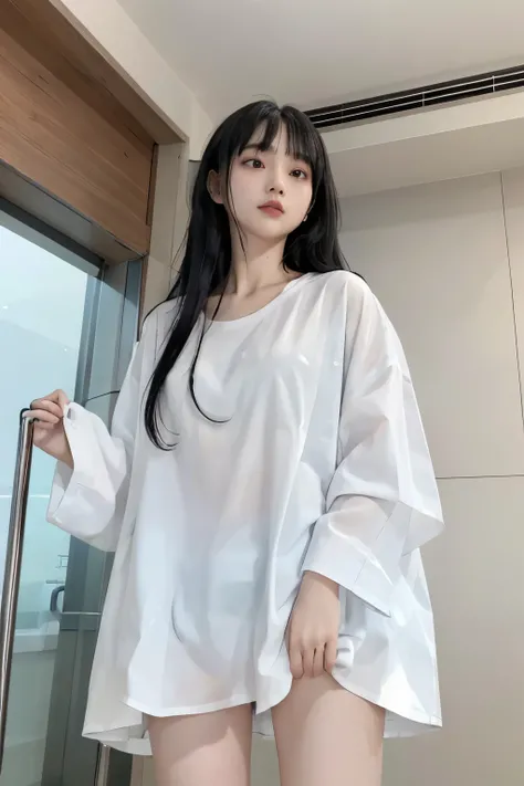 Masterpiece、highest quality、Woman 1、Super detailed、A woman looking up from directly below　Black Hair、Long Hair、Blunt bangs wet hair　Wet shirt、over size white shirt、Long shirt　shirt lift、Lift the shirt yourself、Shirt over swimsuit　Soft thighs　ceiling