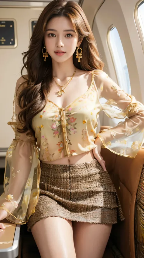 highest quality,masterpiece,Ultra-high resolution,(Actual:1.4),Original photo,Ultra-high resolution，8k，There are women，Fair skin，Exquisite makeup，stewardess uniform,flight attendant uniform,flear miniskirt,white shirt,silk scarf,inside the airplane，High he...