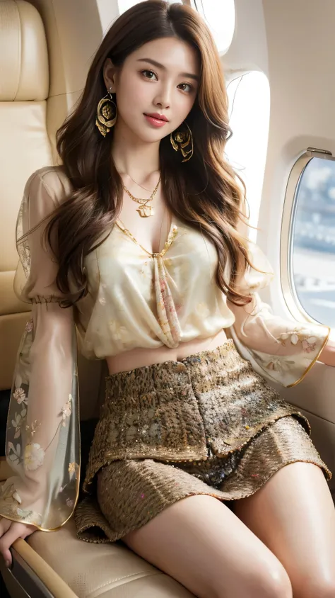 highest quality,masterpiece,Ultra-high resolution,(Actual:1.4),Original photo,Ultra-high resolution，8k，There are women，Fair skin，Exquisite makeup，stewardess uniform,flight attendant uniform,flear miniskirt,white shirt,silk scarf,inside the airplane，High he...