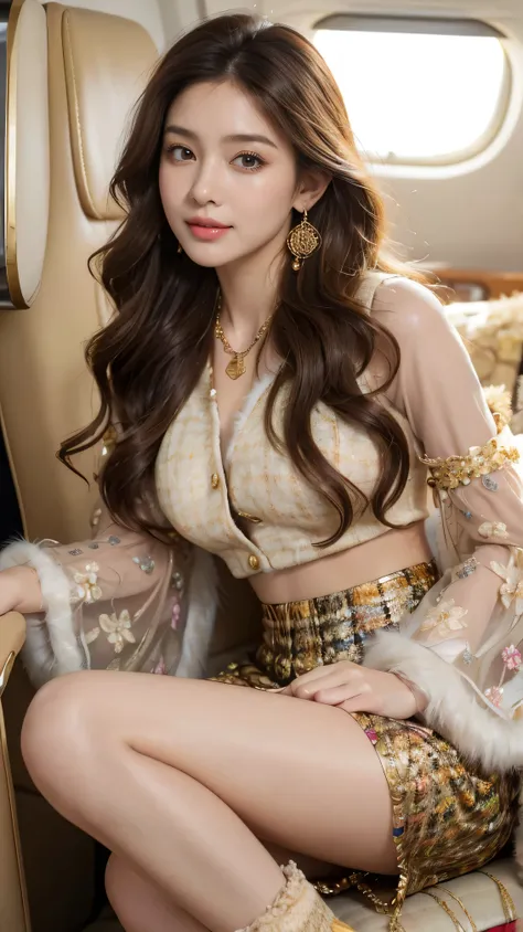 highest quality,masterpiece,Ultra-high resolution,(Actual:1.4),Original photo,Ultra-high resolution，8k，There are women，Fair skin，Exquisite makeup，stewardess uniform,flight attendant uniform,flear miniskirt,white shirt,silk scarf,inside the airplane，High he...