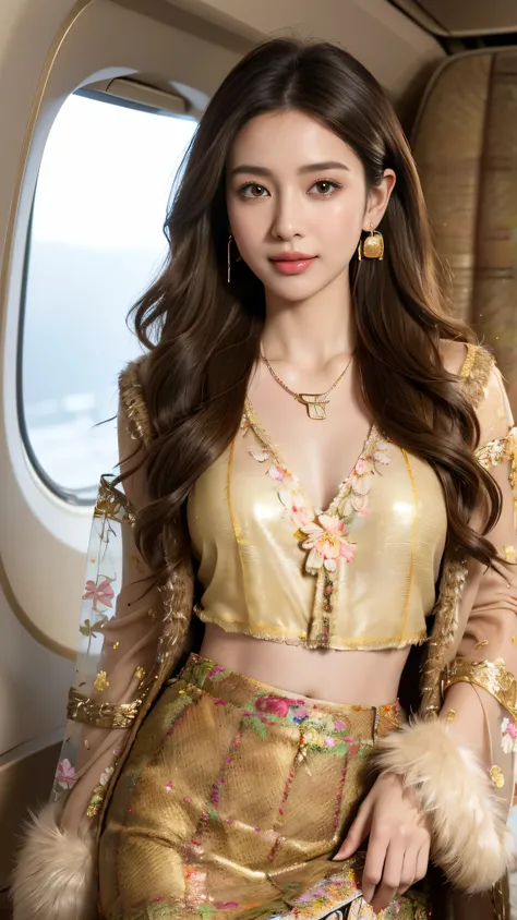 highest quality,masterpiece,Ultra-high resolution,(Actual:1.4),Original photo,Ultra-high resolution，8k，There are women，Fair skin，Exquisite makeup，stewardess uniform,flight attendant uniform,flear miniskirt,white shirt,silk scarf,inside the airplane，High he...