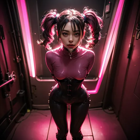 a very beautiful and very thin girl, pink braided pigtails, wears pink underwear with tights and latex face mask. Dark room with only PINK neon lighting. Viele Details, extremely realistic. good quality, 8k
