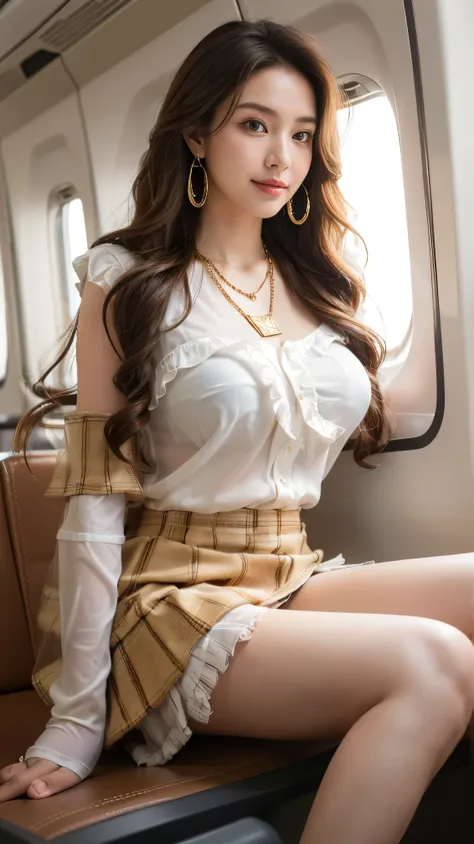 highest quality,masterpiece,Ultra-high resolution,(Actual:1.4),Original photo,Ultra-high resolution，8k，There are women，Fair skin，Exquisite makeup，stewardess uniform,flight attendant uniform,flear miniskirt,white shirt,silk scarf,inside the airplane，High he...