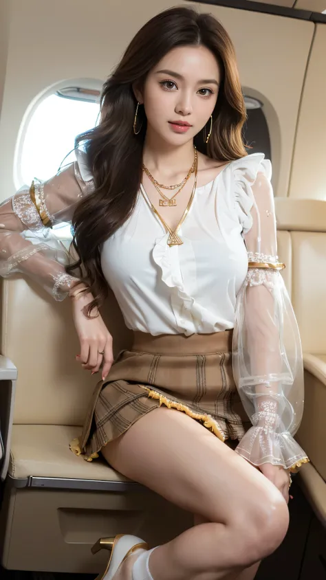 highest quality,masterpiece,Ultra-high resolution,(Actual:1.4),Original photo,Ultra-high resolution，8k，There are women，Fair skin，Exquisite makeup，stewardess uniform,flight attendant uniform,flear miniskirt,white shirt,silk scarf,inside the airplane，High he...