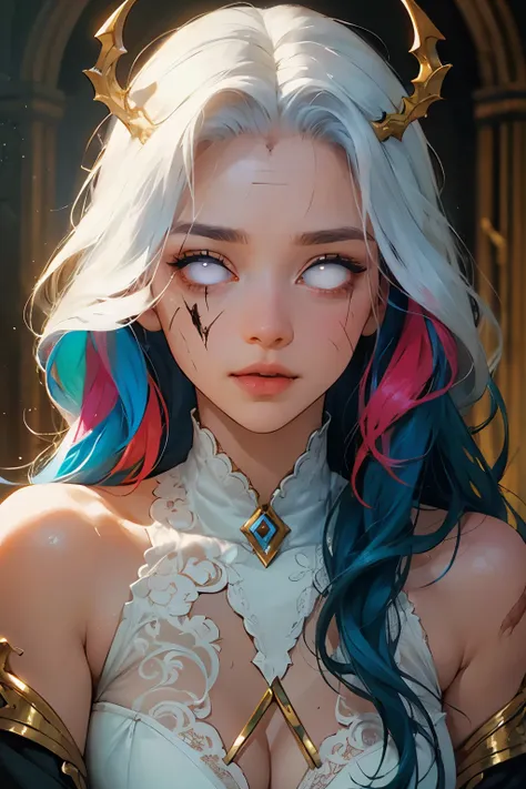 (this is a beautiful and colorful fantasy cinematic image.) generate a (blind) zombie woman with curly hair and milky white eyes...