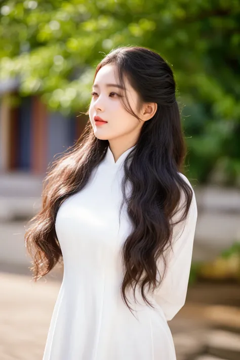 arafed woman with long hair wearing a white dress and looking away, asian girl with long hair, ao dai, vietnamese woman, beautiful south korean woman, beautiful young korean woman, a young asian woman, an asian woman, korean woman, female with long black h...