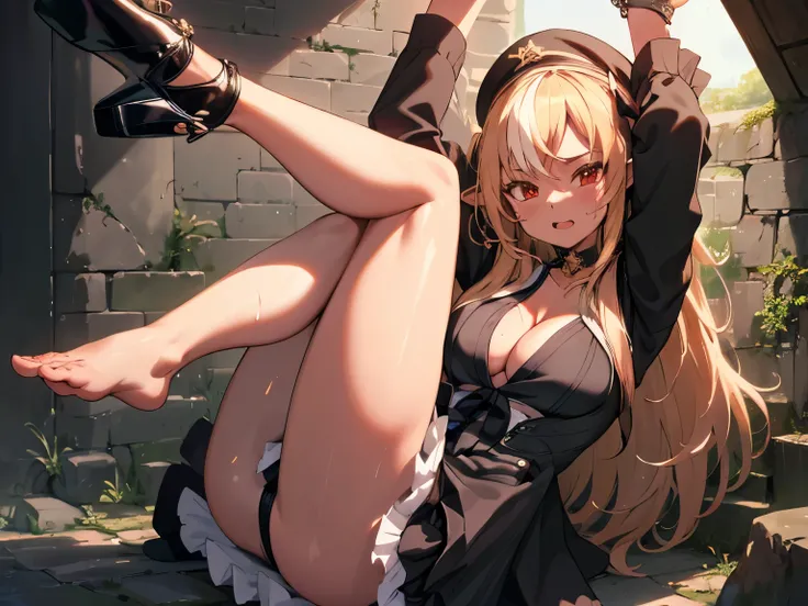 a cute girl, {arms up,chain, chained, chained arms} , stone floor and wall, prison,detailed wall, blush,embarrassed, sweatdrop, {{{Crying a lot, Sweaty, orgasm face, cute}}} ,perfect lighting, high detailed skin, gleaming skin, (large boob:1.2), shiranui f...