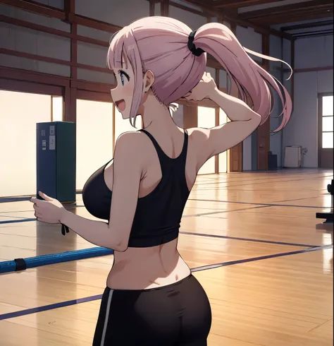 masterpiece, best quality, highres,  1girl,alone, fujiwara chika,black bow,  blunt bangs,sidelocks, high ponytail,scrunchie,   neck ribbon, large breasts,sports bra, yoga pants, cleavage,  cowboy shot, standing,from behind, ass,  :d, smile,blush, gym,thumb...