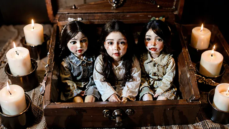 A coffin full of small antique dolls (old clothes, plastic face), and they are stacked in such a way that they fill this entire coffin. The setting is a wake. There are some candles lit.