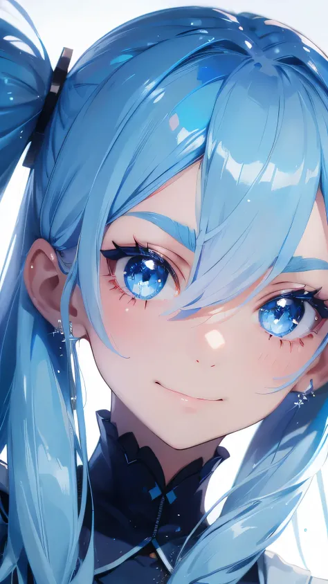 long light blue hair, twin tails, sparkling blue eyes, a sharp expression, close-up, tilting the head, a smile with a closed mouth, 