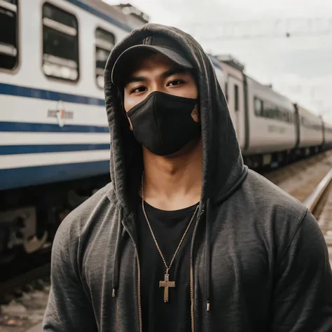 Candid photo of a 30 year old indonesian man, kinda fat muscle, nature skin, very short hair, wearing a hoodie and cap and wearing cross necklace, in the peron, train and railway background, in the afternoon, photography