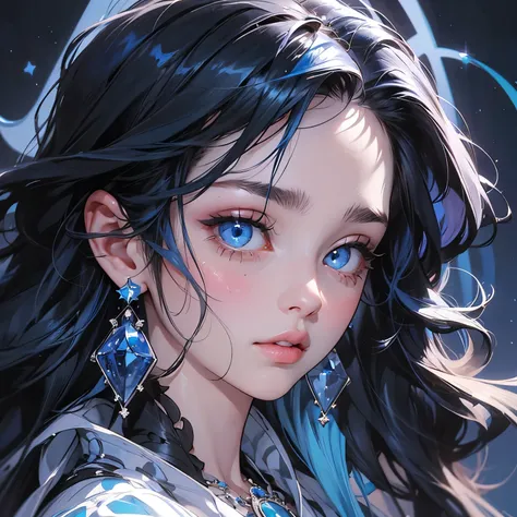 1girl, blue eyes, solo, jewelry, earrings, long hair, looking at viewer, bangs, blue hair, portrait, gem, crescent, parted lips, black background, blue theme, blue gemstone, lips, close-up, tears, black hair, star (symbol)