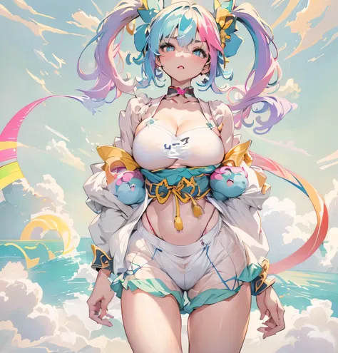 19 years old, ((huge boobs)) large breasts, triple d cup breasts, sexy, horny,((huge tits))、stand on the cloudagical girl、pastel...