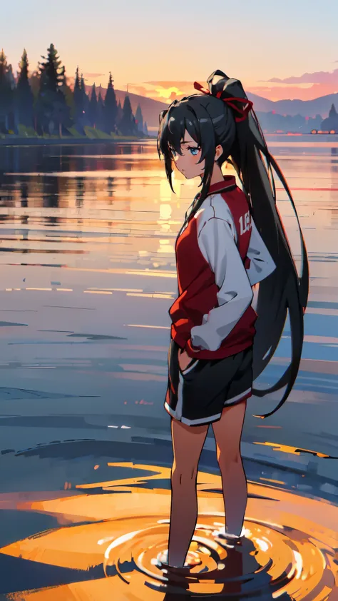  hair_Ponytail Ribbon,Black hair, blue eyes, long hair, Smile , Yukinoshita Yukino ,Red Blumma, red track suit，Stand in the middle of the lake，（Sunset），（（Full body）），panorama, UHD, masterpiece, anatomically correct, anatomically correct, ccurate, textured ...