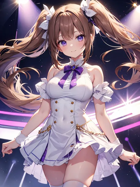 highest quality, all limbs, full finger, Slender beauty, straight hair, brown hair, white and purple idol costume, white panties, high socks, beautiful big breasts, live stage, smile, twintail,