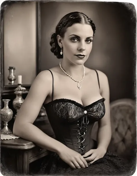 tintype photo, black and white boudoir photography of an attractive latina woman, age 30, black hair styled in braided cornrows,...