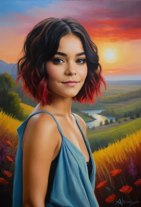 [[(front full portrait: young teeneye Vanessa Anne Hudgens (solo!!!) with big beauty eyes and a short hair oblique twister bob, crimson)((Cuno-Amiet style!!!))])):20]/[background: landscape
 Renaissance, old canva, (silver fog sunset), ((landscape style Al...