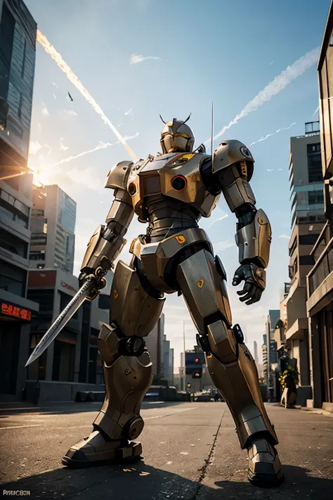 a super detailed battle robot with a sword and it’s pilot standing near, in futuristic city, 8k, manga style, golden hour