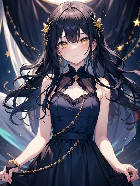 1boy, black hair, beautiful boy, yellow eyes, idol costume, dark blue dress