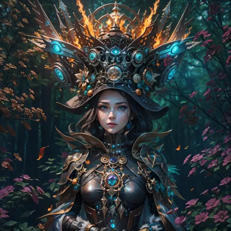 Futuristic robot witch in enchanted forest、witch hat、cybernetic enhancement、mechanical limbetal texture、cloak，Create a mysterious and enchanting atmosphere，Glittering symbols and runes、Sparkling magic gems、rainbow color palette，（best quality，4k，8k，masterpi...