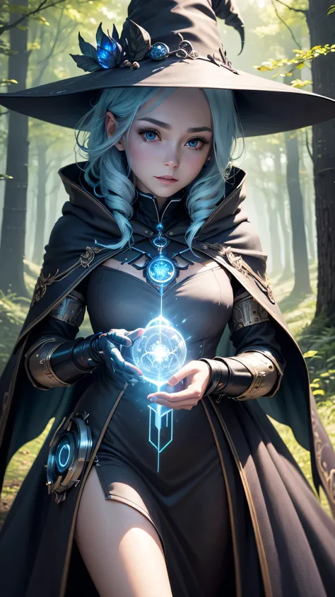 Futuristic robot witch in enchanted forest、witch hat、cybernetic enhancement、mechanical limbetal texture、cloak，Create a mysterious and enchanting atmosphere，Glittering symbols and runes、Sparkling magic gems、rainbow color palette，（best quality，4k，8k，masterpi...