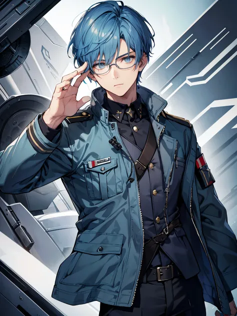 highest quality, all limbs, full finger, handsome boy, short hair, blue hair, grey eyes, ((Military jacket)), ((glasses))