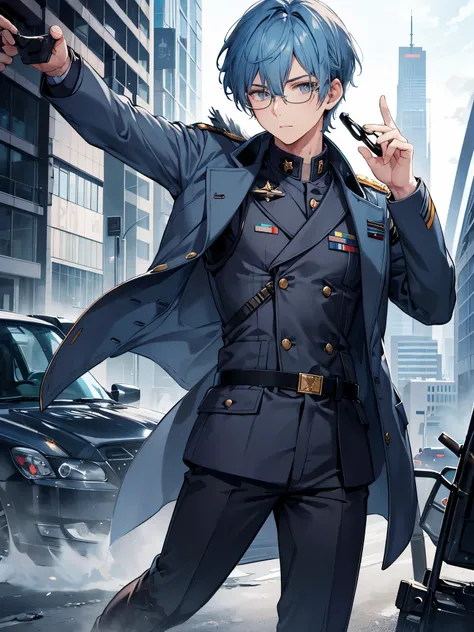 highest quality, all limbs, full finger, handsome boy, short hair, blue hair, grey eyes, ((Military jacket)), ((glasses))