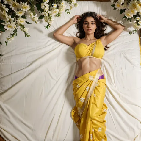 realistic full body beautiful Indian woman in a bed of flowers in saree, violet yellow saree with white flowers on it