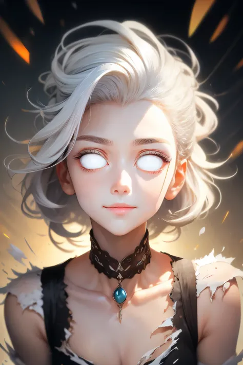 (This is a beautiful fantasy image that feels interesting.) Generate a pretty and cyberpunk (((blind))) woman with colorful curly hair and milky white eyes. Her face is important should be perfectly formed with puffy lips and perfect features. (Her eyes ar...