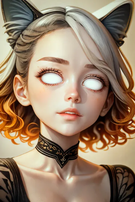 (This is a beautiful fantasy image that feels interesting.) Generate a pretty magical (((blind))) woman with colorful curly hair and milky white eyes. Her face is important should be perfectly formed with puffy lips and perfect features. (Her eyes are impo...