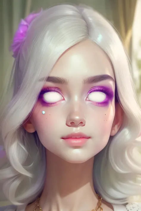 (This is a beautiful fantasy image that feels interesting.) Generate a pretty magical (((blind))) woman with colorful curly hair and milky white eyes. Her face is important should be perfectly formed with puffy lips and perfect features. (Her eyes are impo...