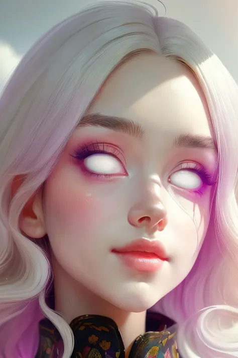 (This is a beautiful fantasy image that feels interesting.) Generate a pretty magical (((blind))) woman with colorful curly hair and milky white eyes. Her face is important should be perfectly formed with puffy lips and perfect features. (Her eyes are impo...