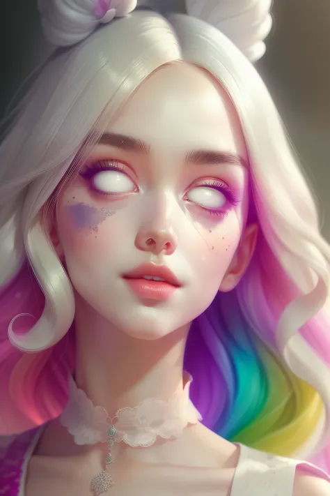 (This is a beautiful fantasy image that feels interesting.) Generate a pretty magical (((blind))) woman with colorful curly hair and milky white eyes. Her face is important should be perfectly formed with puffy lips and perfect features. (Her eyes are impo...