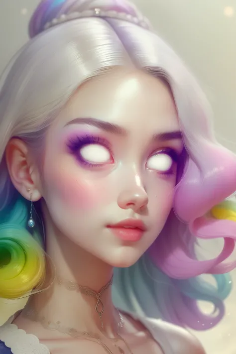 (This is a beautiful fantasy image that feels interesting.) Generate a pretty magical (((blind))) woman with colorful curly hair and milky white eyes. Her face is important should be perfectly formed with puffy lips and perfect features. (Her eyes are impo...