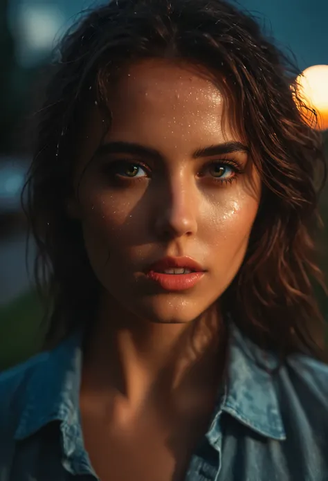 photo, gorgeous girl, (extreme closeup portrait), movie scene, frontal, facing the camera,  ((dynamic shadows)), solo, model photoshoot, (film grain), ((rain, messy, wet)), sunset, detailed eyes,
100mm f/2.8 macro lens, Fujifilm XT3, Canon R5, Fujicolor Fu...