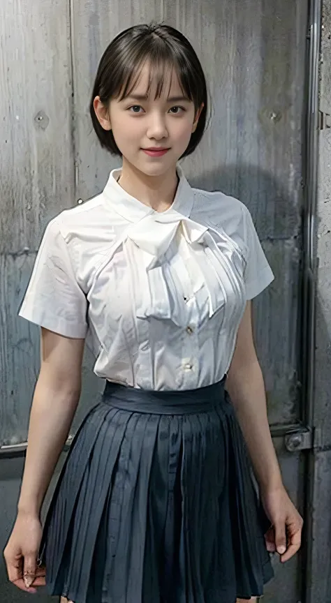 (20-year-old princess,is standing), (A hyper-realistic), (masutepiece), ((short-hair:1.46)), (Smooth black hair), (Breast:1.0), (kindly smile:0.9), (wearing school summer uniform,white shirt dark blue pleated skirt :1.46), cleavage cutout, noon school clas...