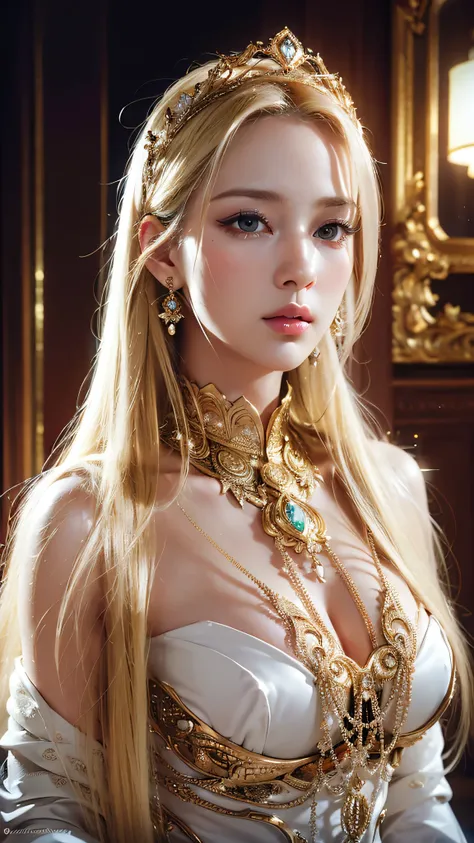 (best quality,ultra-detailed,realistic:1.37),portrait,blonde hair and blue eyes,white skin,extravagant costume with gold details and a cute expression,sexy pose,tight clothes,breast showing,expensive jewelry,sparkling background light,hair with intricate d...