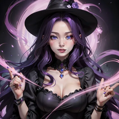 Noir painting of a beautiful young witch, Long purple hair, Rich purple lips, evil, evil female, smile, Black Prom Dress, She is coming to you, Close-up, Bright Blue Eyes, Surrounded by swirling pink smoke, Genuine, Attention to detail, highest quality