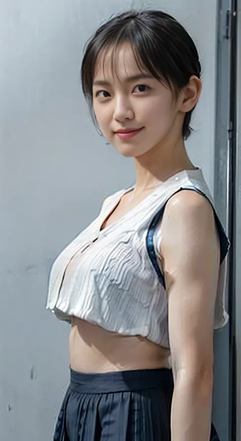 (20-year-old princess,is standing), (A hyper-realistic), (masutepiece), ((short-hair:1.46)), (Smooth black hair), (Breast:1.0), (kindly smile:0.9), (wearing white tanktop open shirt, crop top, dark blue pleated skirt :1.46), cleavage, , bright noon , class...