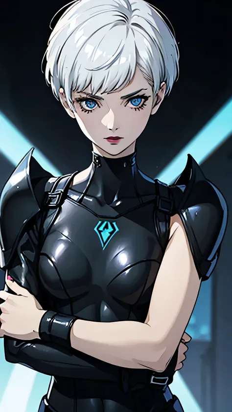 1girl, serious face, lipstick, very Short hair, white hair, blue eyes, half body, battle pose, Pixie hair cut, Black battle suit, black choker, Black lipstick 