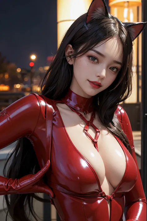 1 girl,sadistic,best quality,intricate detailed,perfect face,((smirking at viewer)),((Red latex bondage suit)),Cat ear,sidelighting,8k,Late night background,