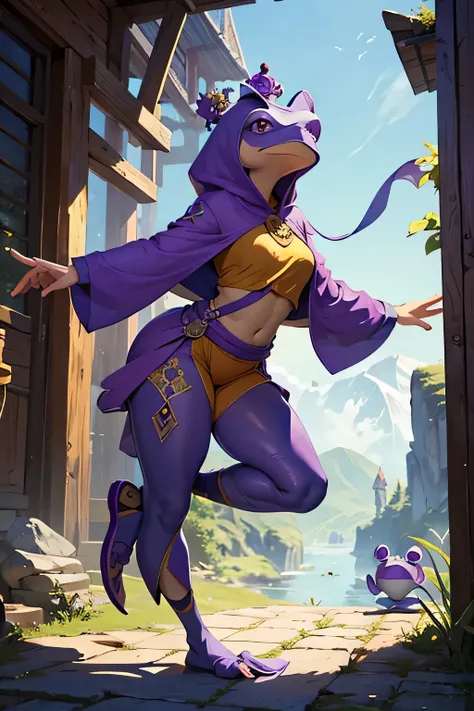 best quality, ((masterpiece)), illustration, 1girl, best quality and masterpiece, DnD Grung, Purple Frog Girl, Cute, Full Body, Monk, Short