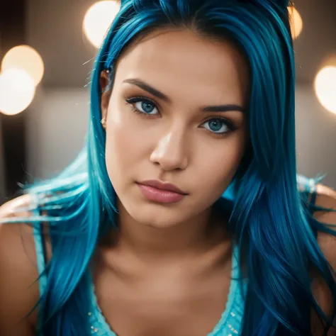 Chica hermosa, Brazilian model, 21-year-old, electric blue hair model, mirando a la camara, mujer de rostro hermoso, mujer de cabello largo, 