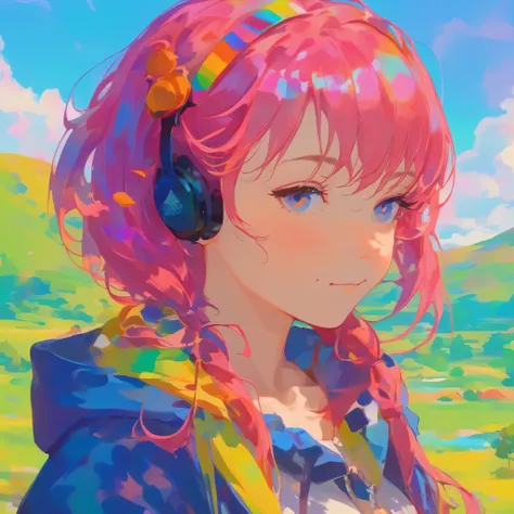 rainbow style, vibrant colors, vivid colors, solo, outdoors, looking at viewer, upper body, girl, in nature, pink hair, cute