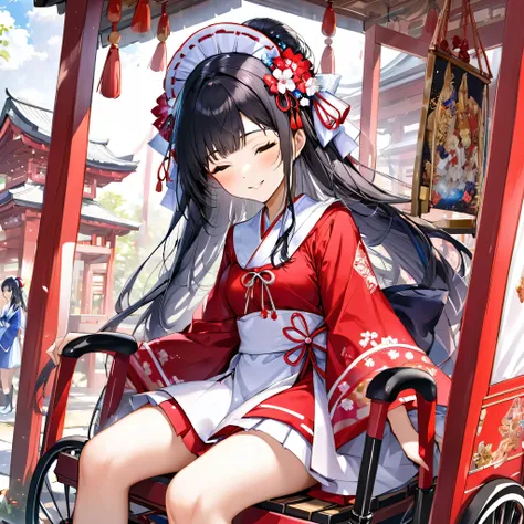 (in the Munakata), ((in a beautiful Shrine maiden costume)) (a blunt bangs black hair long hair sexy shrine maiden girl, 15 yo, sexy closed eyes, smile) is (Chairs on a portable shrine of rickshaw), BREAK, perfect anatomy, masterpiece, best quality, 16k.