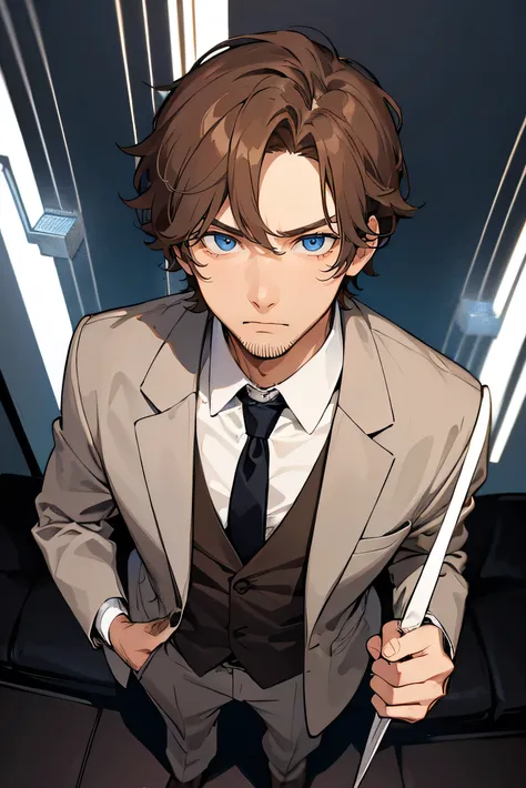 30 year old man. with a little wrinkles on the face. short and somewhat unkempt hair. disheveled suit and tie. brown hair and blue eyes. serious expression. full body. ((background of a normal living room)). ((detailed face.))