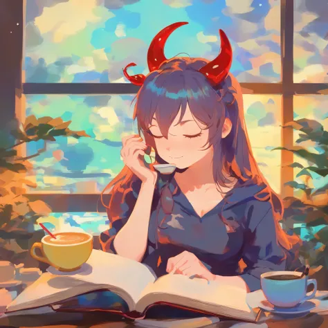 anime girl with horns reading a book and drinking a cup of coffee, made with anime painter studio, anime girl with cat ears, in an anime style, painted in anime painter studio, cute horns, lofi girl, demon anime girl, digital anime illustration, lofi portr...