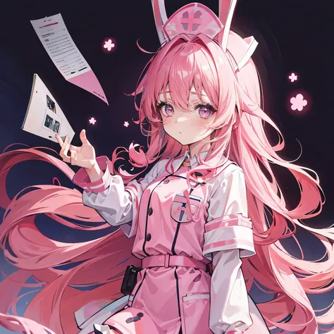 Pink Long Hair，Curly Hair，Nurse cap，Has bunny ears，Nurse uniform，whole body